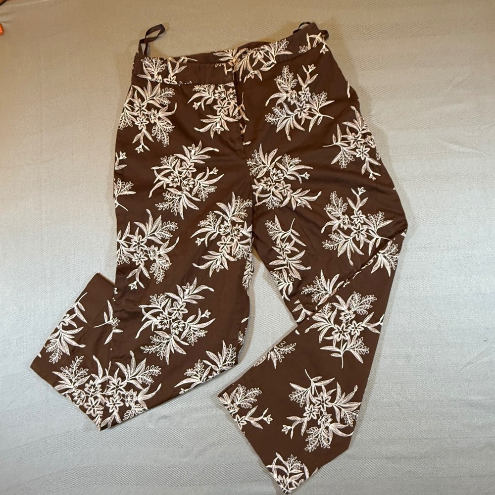 Jones New York Signature Brown Floral Embroidered Pants Cotton Stretch Sz 6 2461